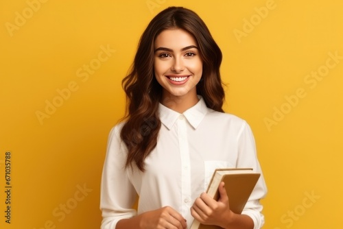 Portrait of female teacher holding open book on yellow background.