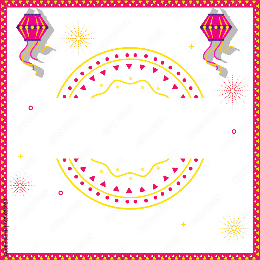 Happy Diwali Text With Hanging Lanterns On Fireworks Background.