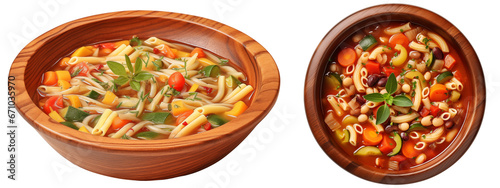 Italian minestrone soups with mixed vegetables and pasta isolated on transparent background