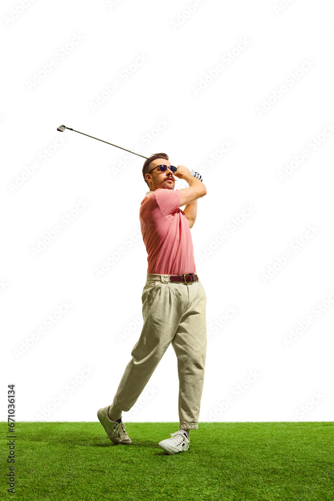 On vibrant, emerald fairway, golfer's flawless form and meticulous technique radiate expertise, painting picture of grace and control. On vibrant, emerald fairway, golfer's flawless form and meticulous technique radiate expertise, painting picture of grace and control.