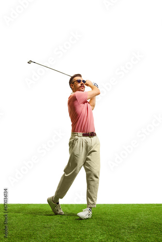 On vibrant, emerald fairway, golfer's flawless form and meticulous technique radiate expertise, painting picture of grace and control.