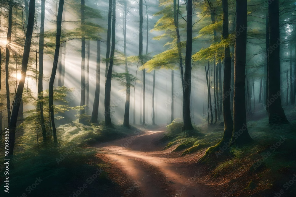 Take photos of winding forest trails blanketed in morning mist, emphasizing the interplay of light and shadow through the trees in soft, pastel tones