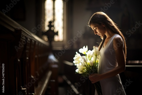 woman in a church with a bouquet of white flowers on coffin.Funeral concept.