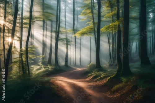Take photos of winding forest trails blanketed in morning mist, emphasizing the interplay of light and shadow through the trees in soft, pastel tones © Shahryar