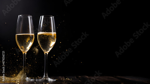 Christmas and New Year holidays background concept made from champagne glasses with golden glitter on black wooden background.