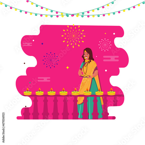 Happy Diwali Celebration Poster Design with Indian Woman Holding Plate of Lit Oil Lamps (Diya) and Decorative Railing on Pink Background.
