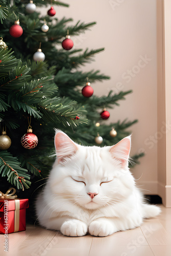 Adorable cat sleeping next to the Christmas tree and New Year's gifts