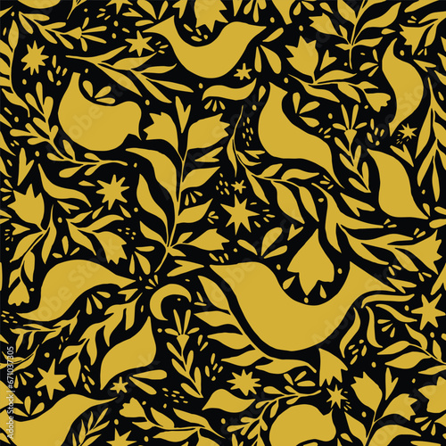 Photography Seamless flora pattern with leaves, stars and birds