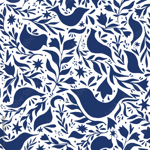 Seamless flora pattern with leaves, stars and birds. New years and Christmas pattern. Blue and white floral rapport. Folk art. Vector background with floral ornaments, stars and birds illustrations.