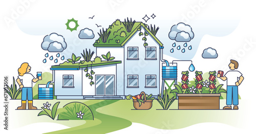 Rainwater harvesting and rain water collection for garden outline concept. Pure and filtered drain water system for drinking or soil watering in summer vector illustration. Save natural resources.