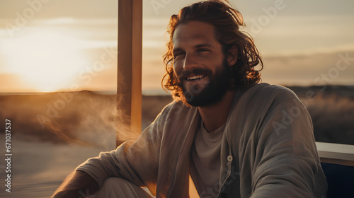 Professional commercial photo of handsome man enjoying the sunset with happy face 