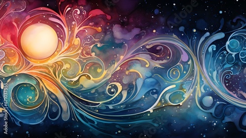 Cosmic Watercolor Universe: Nebula, Rainbow, and Filigree Illustration