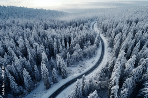 Aerial curved road in the winter season with snow covering on surrounded trees on the mountains.