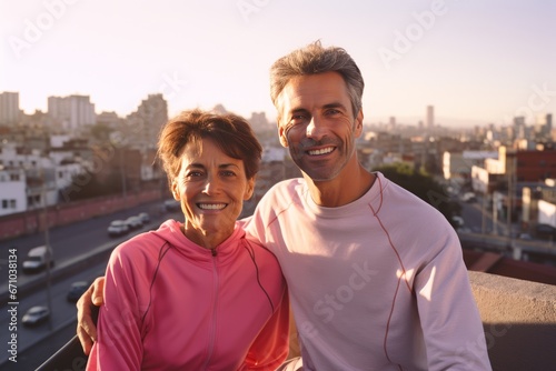 Adult multiethnic couple in sports outfits looking at camera with energetic cheerful smile. Happy loving mature man and woman jogging or exercising outdoors. Healthy lifestyle in urban environment.