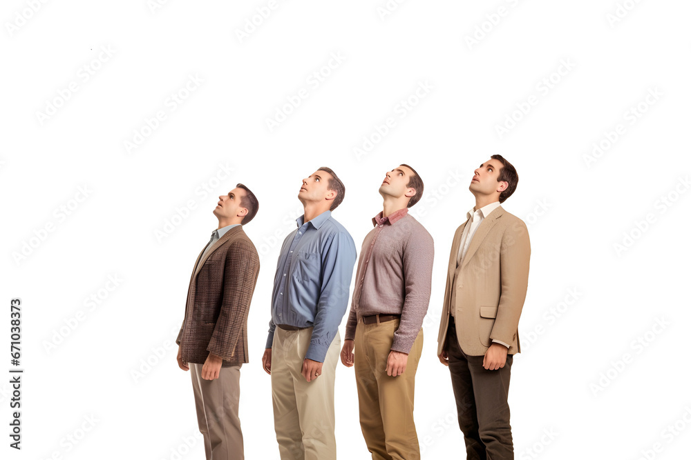 Small group of men looking up in white background