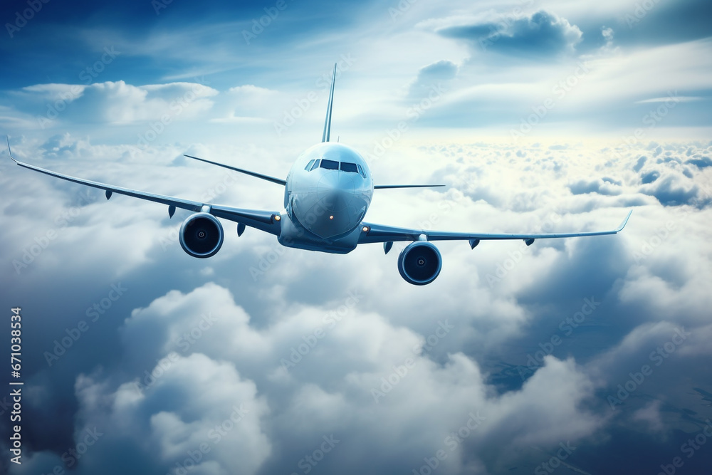 Fototapeta premium Airplane flying above the clouds in the sky. Aircraft travel concept.