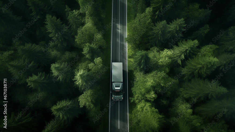 Top view of logistic transport truck on the road in the green forest.