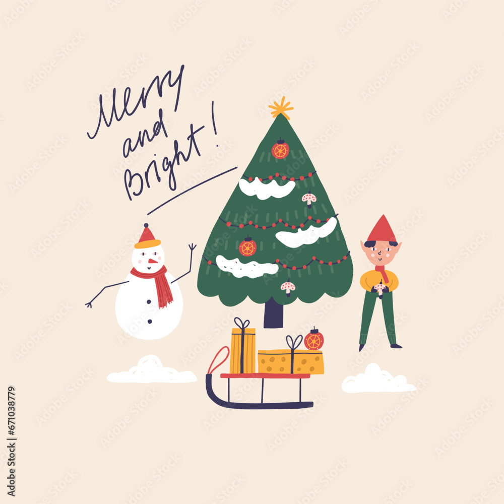 Christmas tree is decorated with ornaments of snowman and elf. Greeting New Year vector illustration in hand drawn style Christmas tree is decorated with ornaments of snowman and elf. Greeting New Year vector illustration in hand drawn style