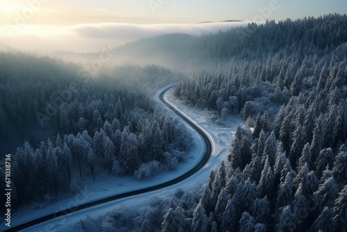 Aerial curved road in the winter season with snow covering on surrounded trees on the mountains. © Golden House Images