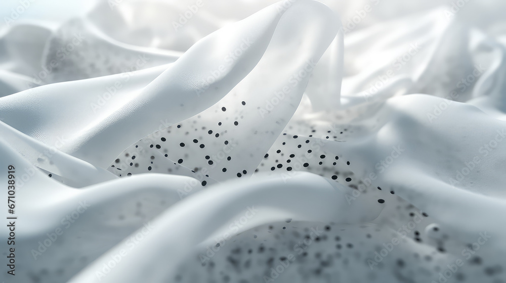 Close-up of white cloth with dirt particles flying off it. Creative concept for advertising bleach and detergent for clothes. 3d render illustration style.  - obrazy, fototapety, plakaty 
