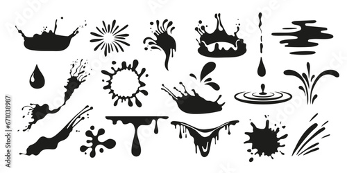 Splash silhouette with droplets. Splash vector. Droplet icon. Splash set.Water drops shapes, liquid burst splashes and ink blot hand drawn. 