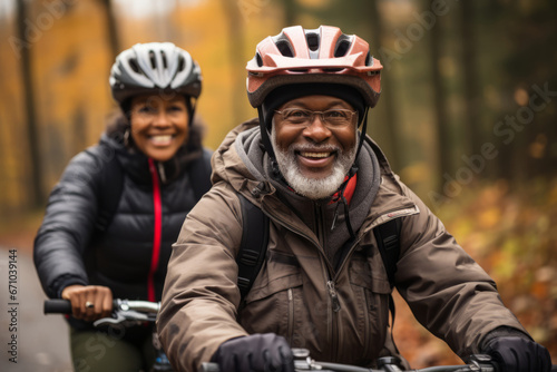 Elderly smiling couple in safety helmets riding bicycles together to stay fit and healthy. African American seniors having fun on a bike ride in autumn park. Retired people lead active lifestyle. © Georgii