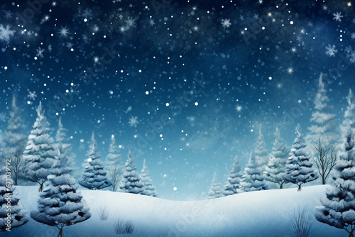 Christmas background with snow, pine trees and copy space for text. © Golden House Images