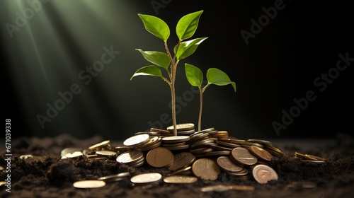 Sprout growing from a pile of coins as green investment and growth of successful, nature friendly business. Financial growth and sustainability with ESG principle based company. Carbon free startup.