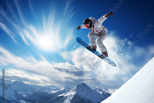 Snowboarder launching on mountains in the winter with beautiful blue sky background. Extreme sport on vocation season. photo