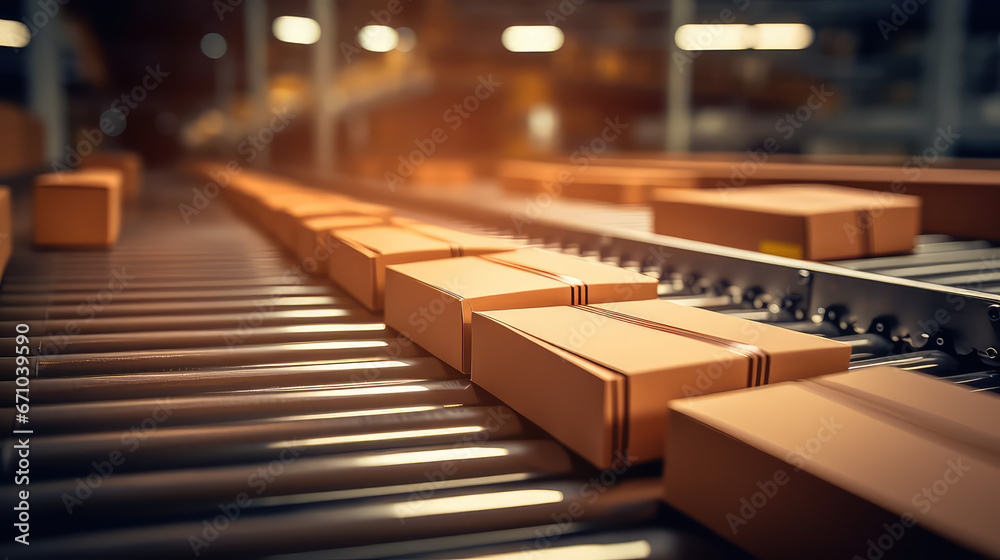 Warehouse conveyor belt with cardboard boxes on it. Transportation company, packing and shipping industry. 