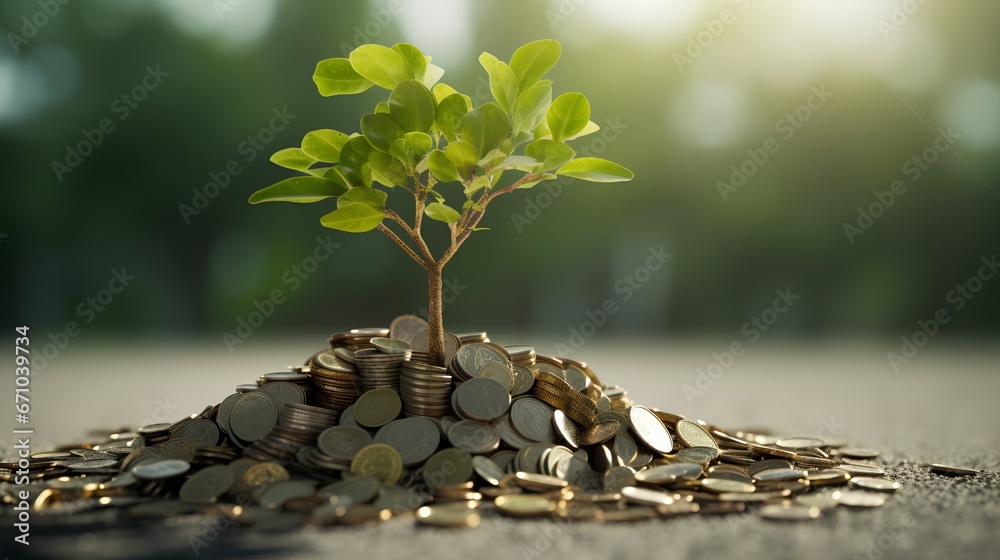 Sprout growing from a pile of coins as green investment and growth of successful, nature friendly business. Financial growth and sustainability with ESG principle based company. Carbon free startup. - obrazy, fototapety, plakaty 