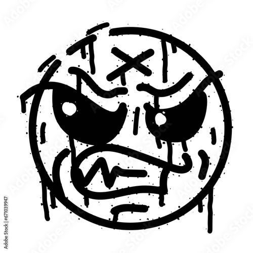 Graffiti grunge face. Cartoon aerosol fun expression. Spray funky paint art with leak and dot. Street art and urban vandalism symbol. Black grungy spill character isolated on white