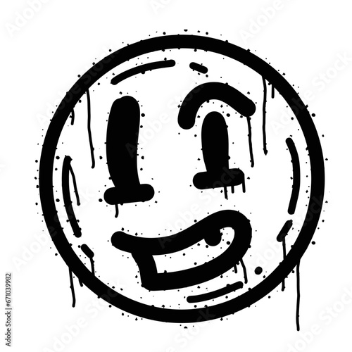 Graffiti grunge face. Cartoon aerosol fun expression. Spray funky paint art with leak and dot. Street art and urban vandalism symbol. Black grungy spill character isolated on white