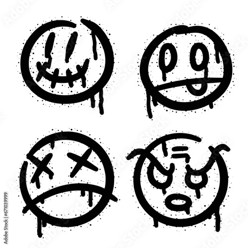Graffiti grunge face. Cartoon aerosol fun expression. Spray funky paint art with leak and dot. Street art and urban vandalism symbol. Black grungy spill character isolated on white