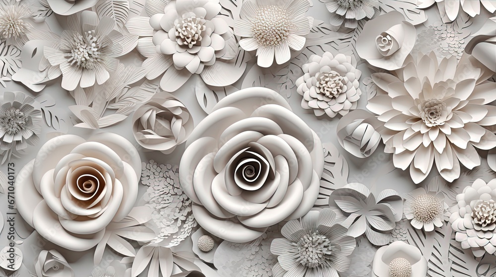 a white wall with paper flowers and leaves on it's sides. generative ai a white wall with paper flowers and leaves on it's sides. generative ai