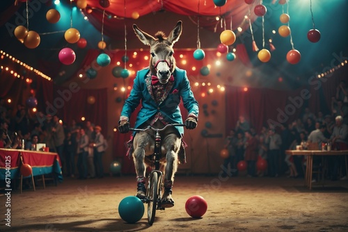 AI illustration of a donkey in a blue suit joyfully rides a bicycle in a circus