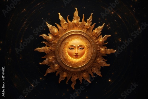 AI illustration of a glowing golden sun with a bright face shining in the dark night sky