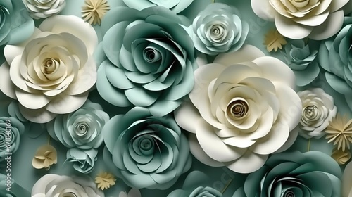  a bunch of paper flowers that are blue and white with gold leaves.  generative ai