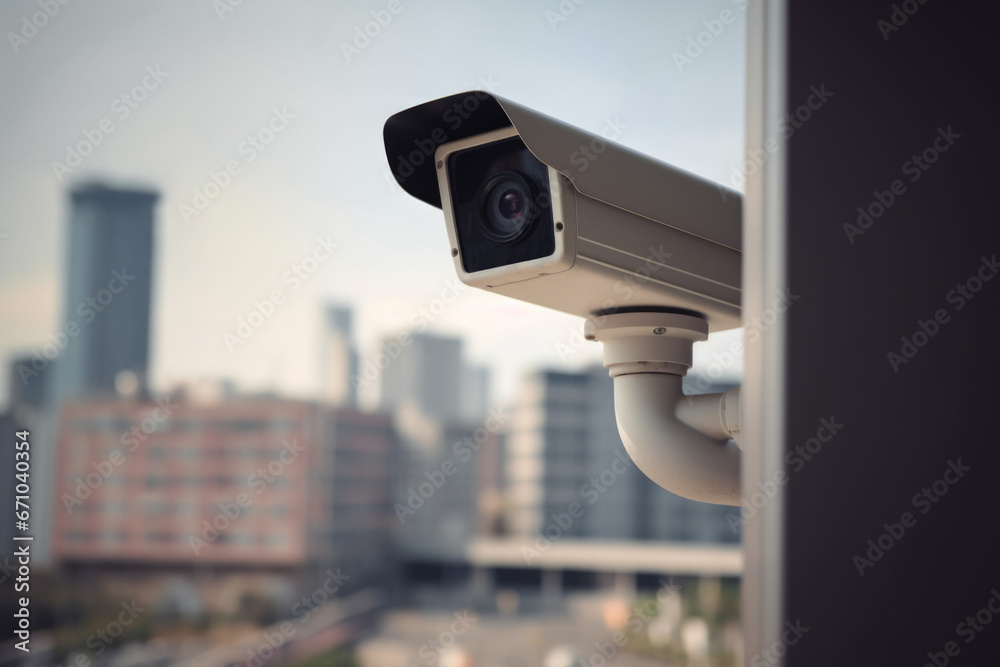 Modern CCTV camera on a wall. A blurred cityscape background. Concept of surveillance and monitoring. Created using Ai tools Modern CCTV camera on a wall. A blurred cityscape background. Concept of surveillance and monitoring. Created using Ai tools