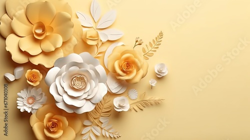  paper flowers on a yellow background with leaves and flowers on it. generative ai