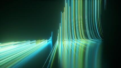 Abstract black background with green blue neon lines go up and disappear. 3d illustration