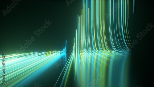Abstract black background with green blue neon lines go up and disappear. 3d illustration