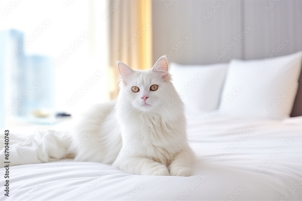 Cat Relaxes In Hotel Room In Light Colors. Сoncept Cozy Cat Naps, Hotel Room Retreat, Serene Feline Getaway, Tranquil Kitty Haven
