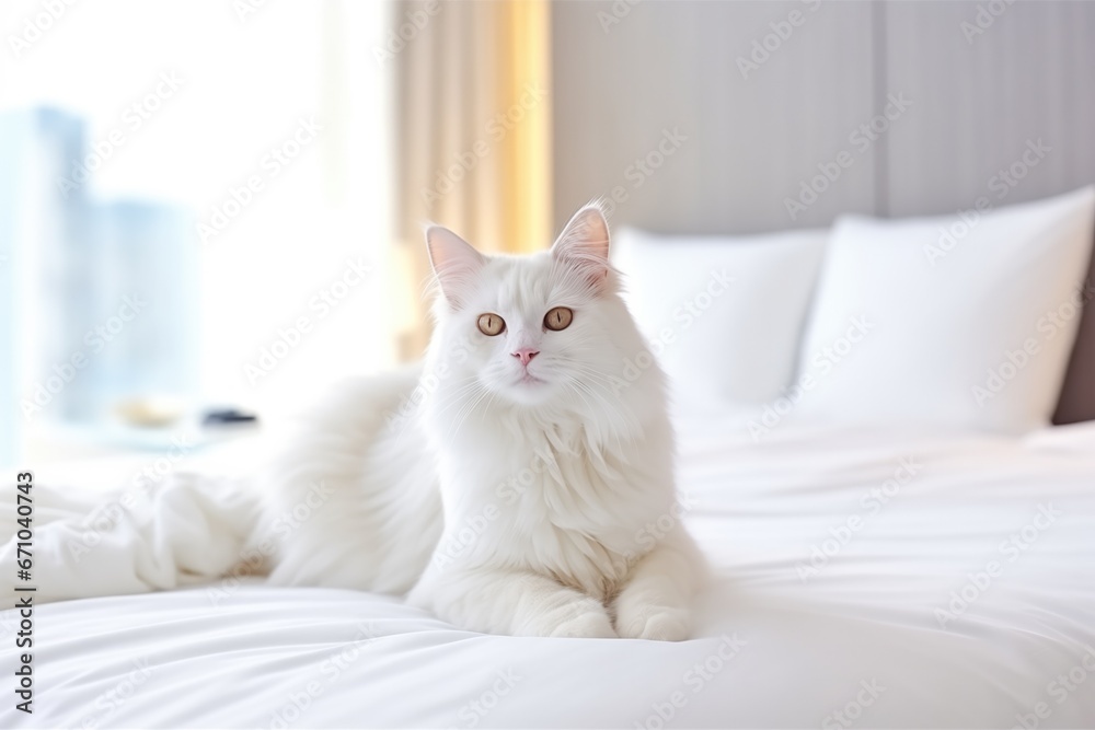 Cat Relaxes In Hotel Room In Light Colors. Сoncept Cozy Cat Naps, Hotel Room Retreat, Serene Feline Getaway, Tranquil Kitty Haven Cat Relaxes In Hotel Room In Light Colors. Сoncept Cozy Cat Naps, Hotel Room Retreat, Serene Feline Getaway, Tranquil Kitty Haven