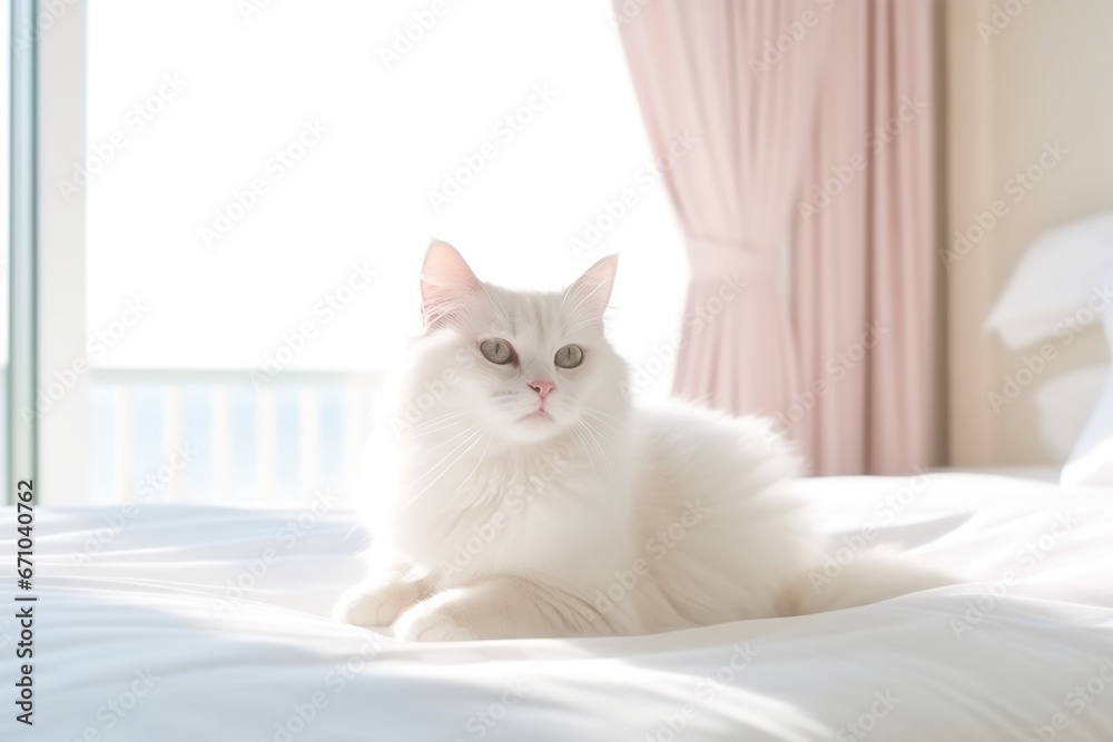 A White Cat On A Bed