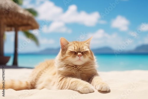 Cat On Summer Vacation, Relaxing On Hawaiian Beach © Anastasiia