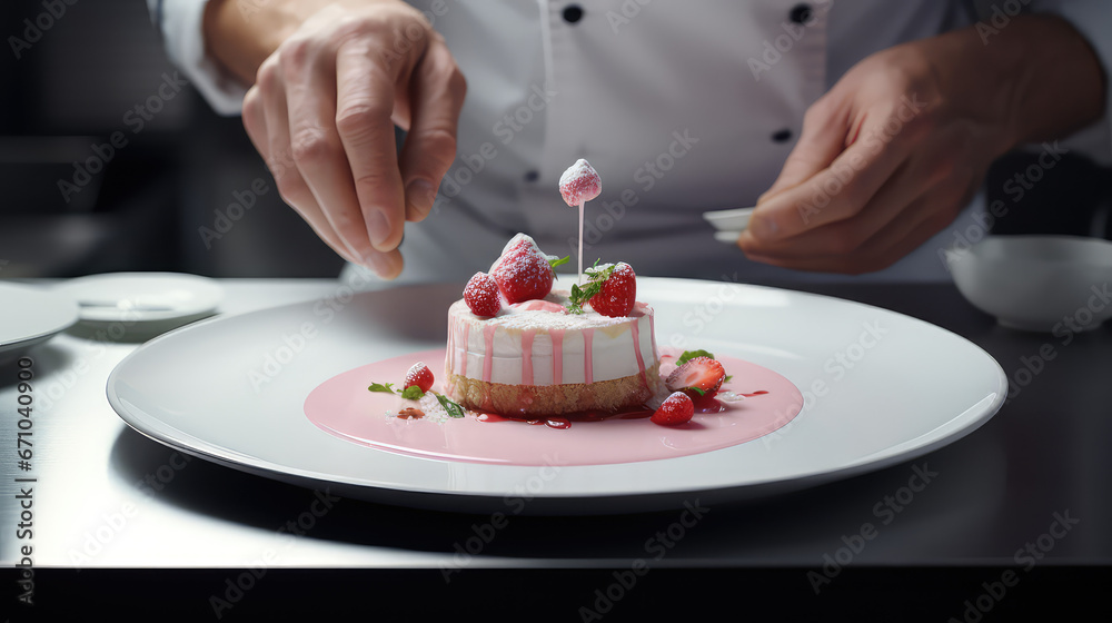 Chef hands decorate the gourmet strawberry dessert before serving. Exquisite sweets from a prestigious restaurant, cooking process.