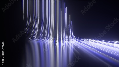Slika na platnu Abstract black background with blue white neon lines go up and disappear