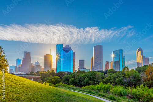 skyline of Houston, Texas in morniong light seen from Buffalo bayou park