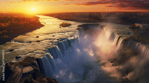 Sunset over the waterfall aerial view